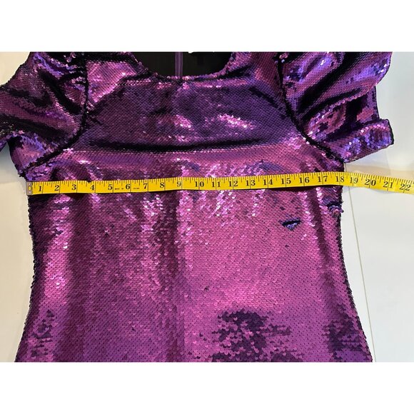 Purple Sequin Party Dress L Puff Sleeve Holiday Cocktail Glam Sparkle Mini - Picture 5 of 5
